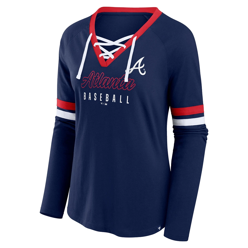 Women's Fanatics Navy Atlanta Braves Won & Done Raglan Lace-Up Long Sleeve T-Shirt