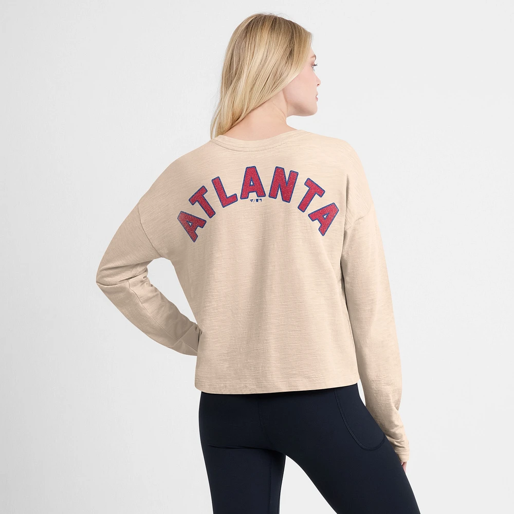 Women's Fanatics Tan Atlanta Braves Oversized Stadium Slub Long Sleeve Henley T-Shirt