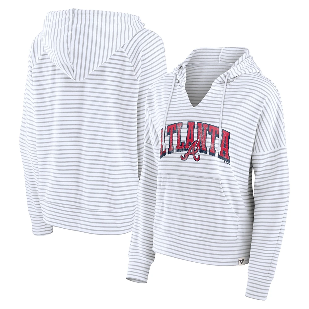 Women's Fanatics White Atlanta Braves Striped Fundamentals Notch Neck Pullover Hoodie