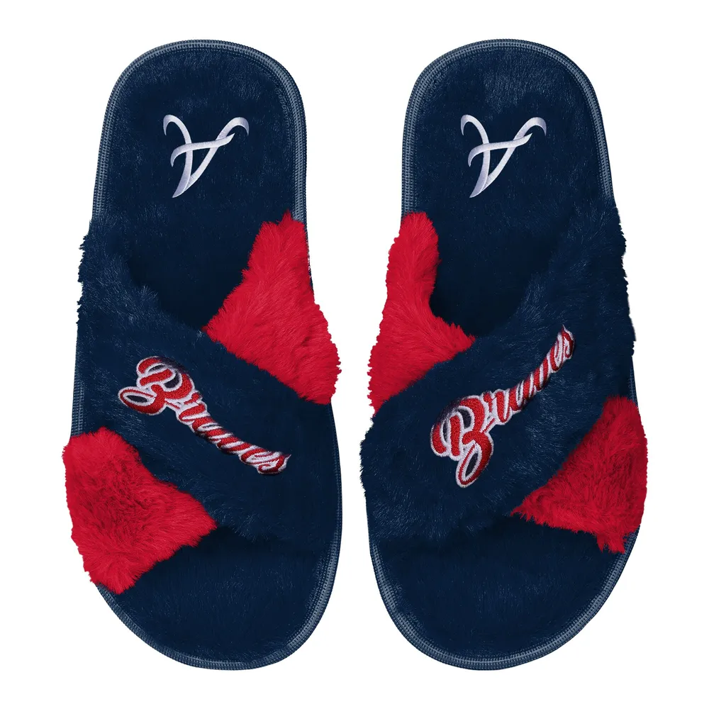 Women's FOCO Navy Atlanta Braves Two-Tone Crossover Faux Fur Slide Slippers