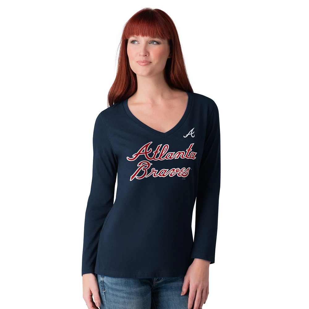 T-shirt à manches longues et col en V pour femme G-III 4Her by Carl Banks Navy Atlanta Braves Post Season