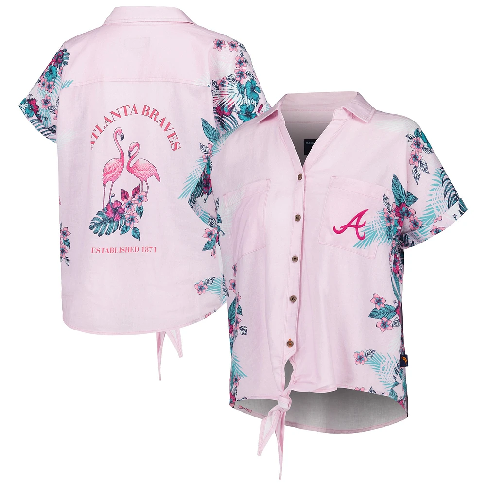 Women's Margaritaville Pink Atlanta Braves Stadium Tie-Front Button-Up Shirt