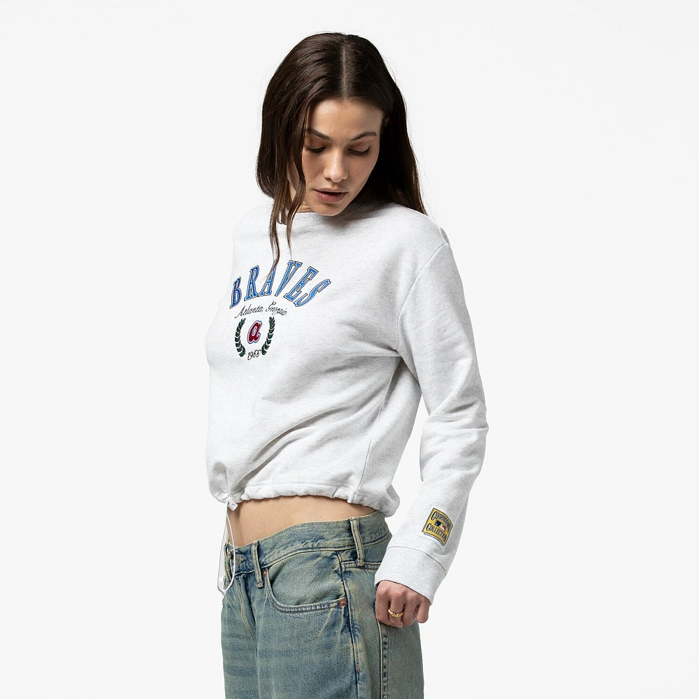 Women's Mitchell & Ness Heather Gray Atlanta Braves Cropped Toggle Pullover Sweatshirt