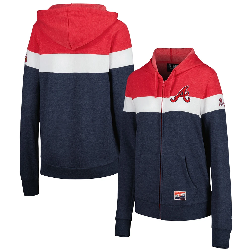 Blouson à capuche et zip intégral colorblock Atlanta Braves New Era pour femme, bleu marine chiné