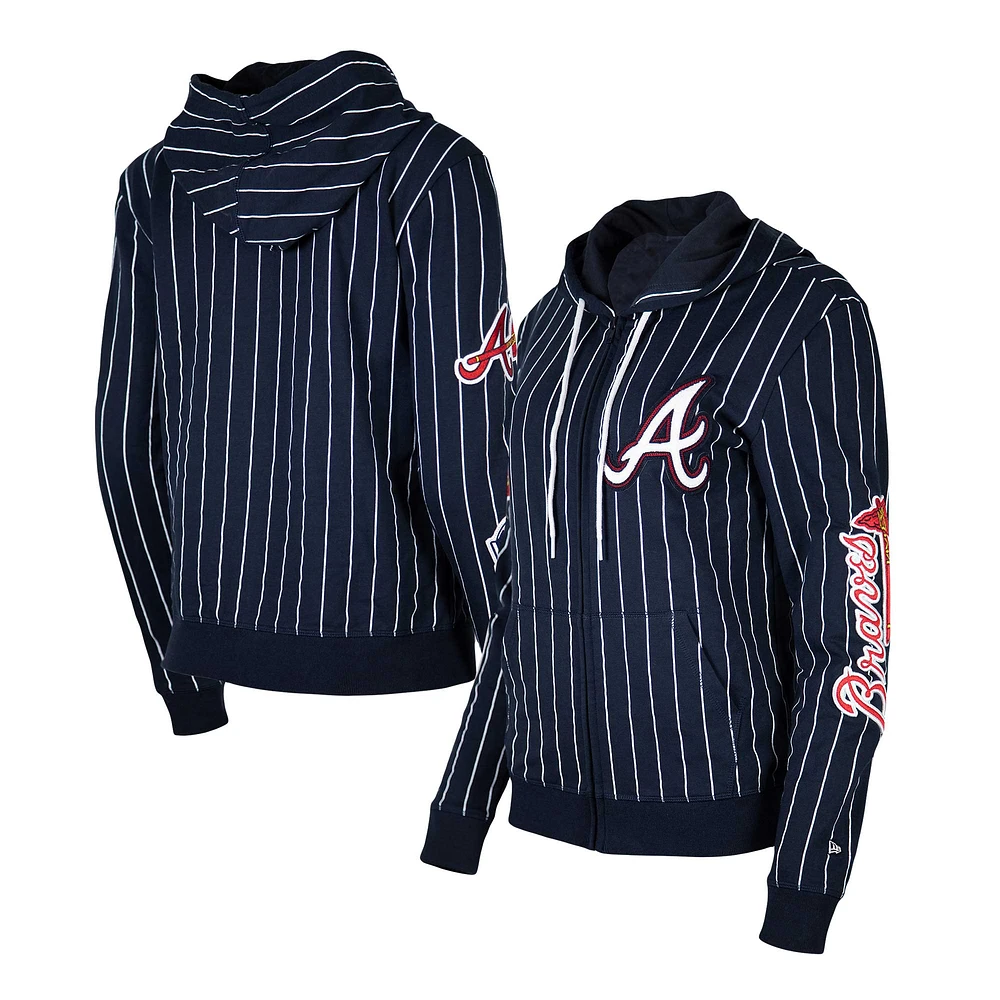 Veste à capuche fermeture éclair intégrale en trois mélanges New Era pour femmes, bleu marine, Atlanta Braves, fines rayures