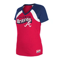 T-shirt à col en V chiné Atlanta Braves New Era rouge pour femme