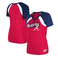 T-shirt à col en V chiné Atlanta Braves New Era rouge pour femme