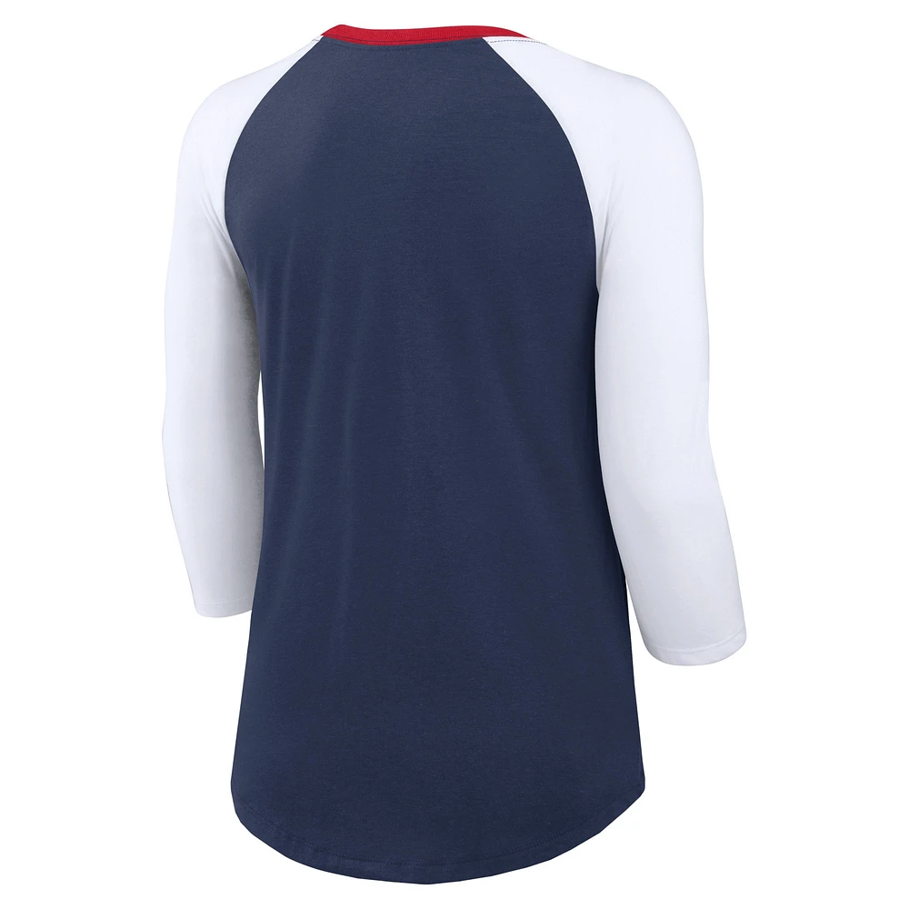 T-shirt tri-mélange raglan à manches 3/4 Nike pour femmes, bleu marine/blanc, Atlanta Braves Knockout Arch