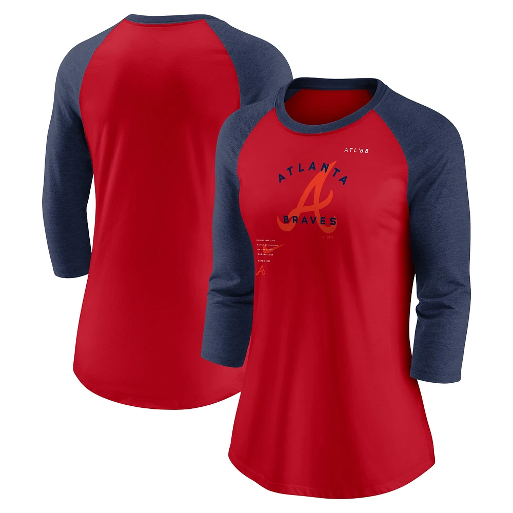 T-shirt à manches 3/4 raglan trois mélanges Nike Atlanta Braves Next Up pour femme, rouge/bleu marine