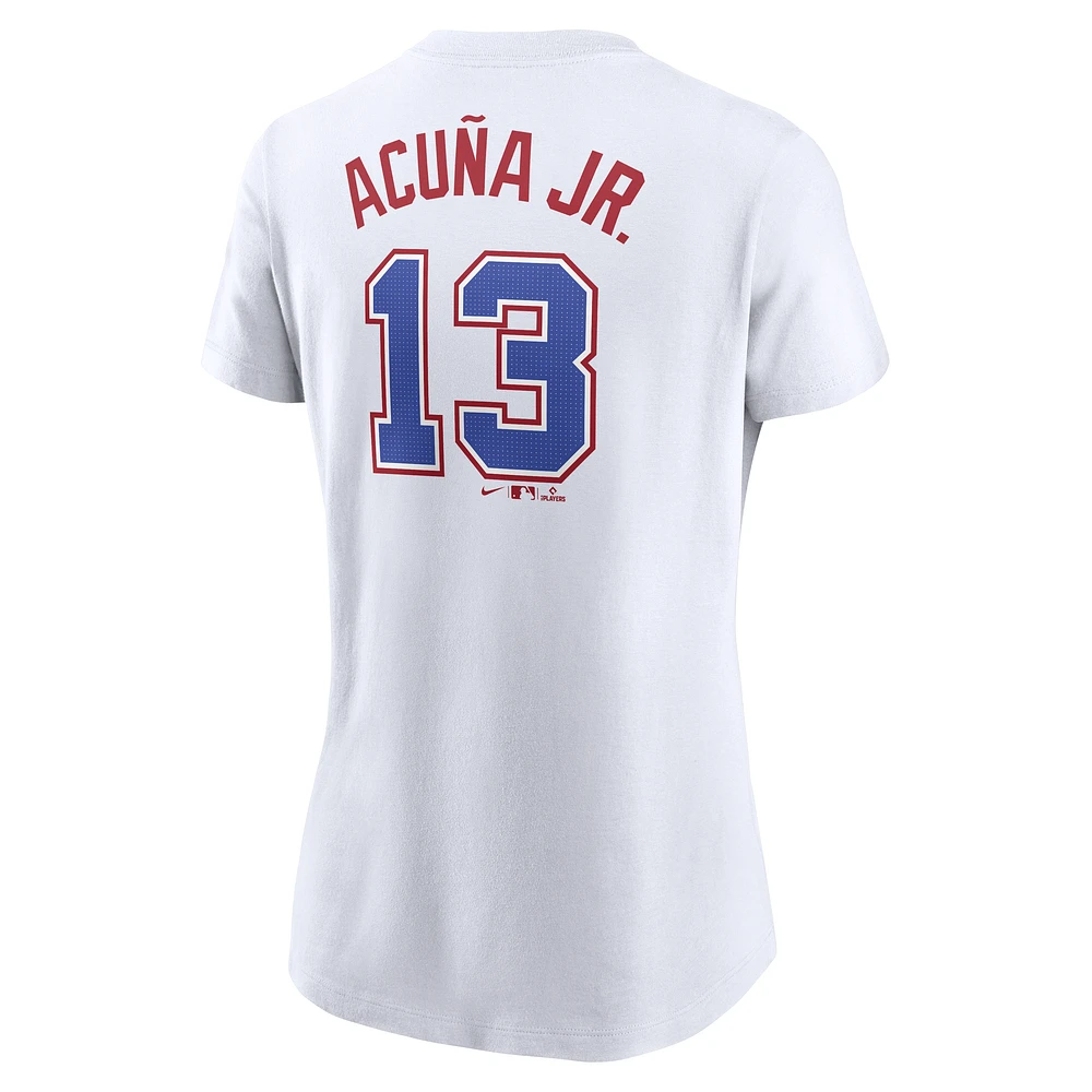 T-shirt Nike Ronald Acuña Jr. pour femme, blanc, avec nom et numéro City Connect Fuse des Braves d'Atlanta 2024