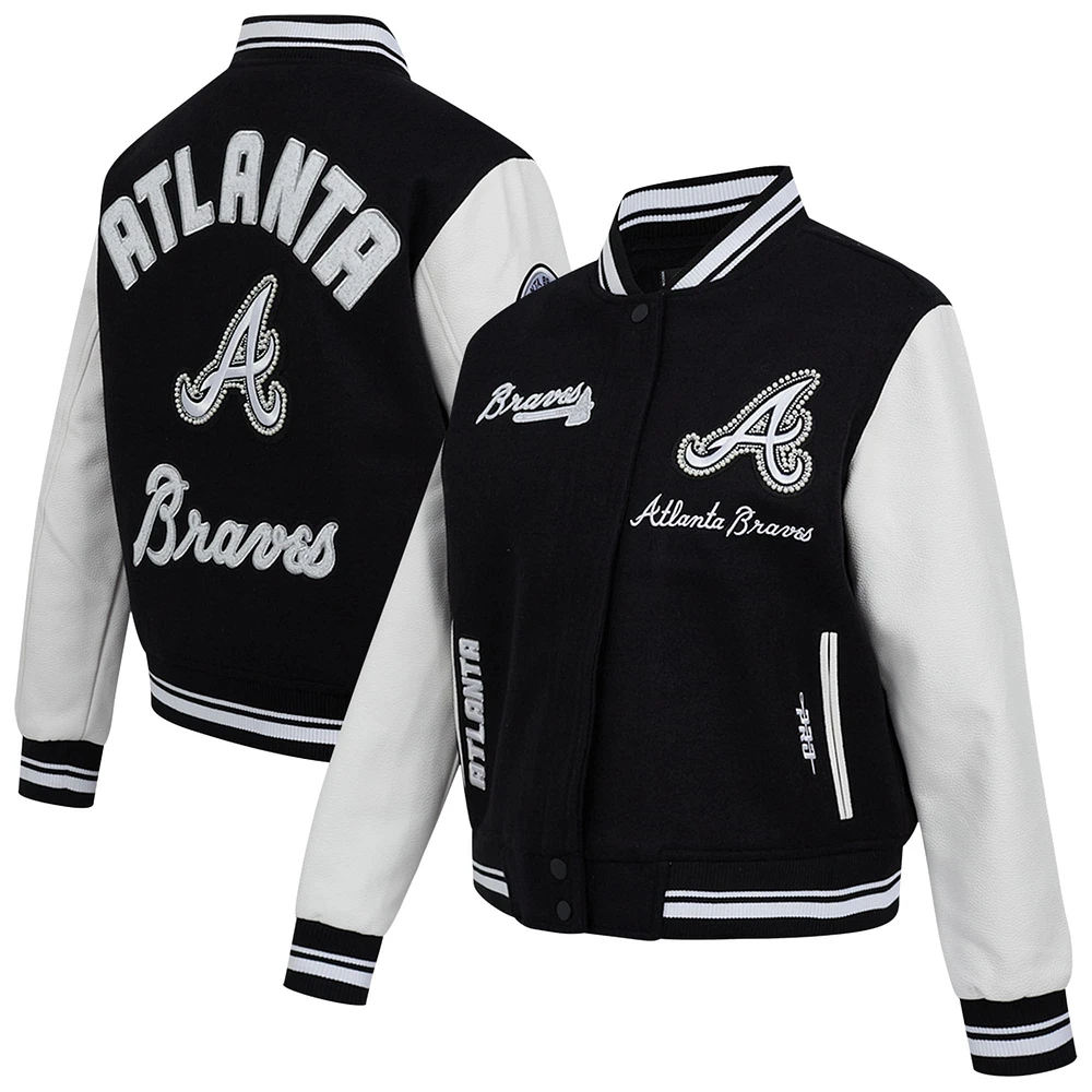 Veste universitaire entièrement zippée en laine côtelée Pro Standard noire pour femme des Atlanta Braves Pearls