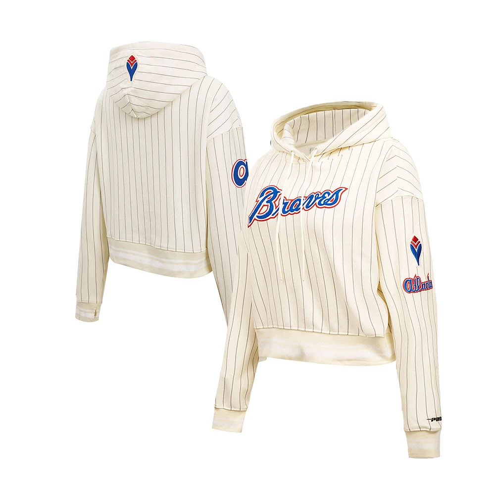 Women's Pro Standard Cream Atlanta Braves Pinstripe Retro Classic Cropped Pullover Hoodie