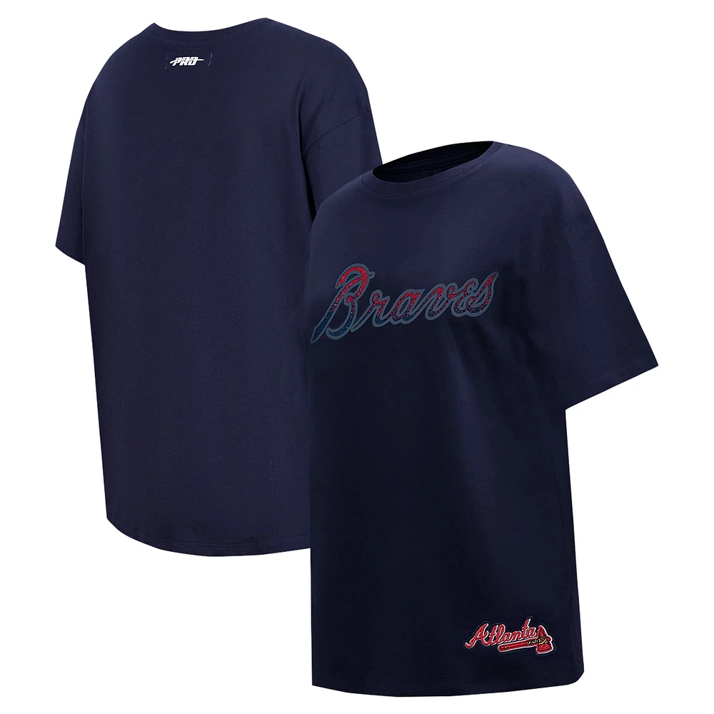 Women's Pro Standard  Navy Atlanta Braves Rhinestone Slim Fit T-Shirt