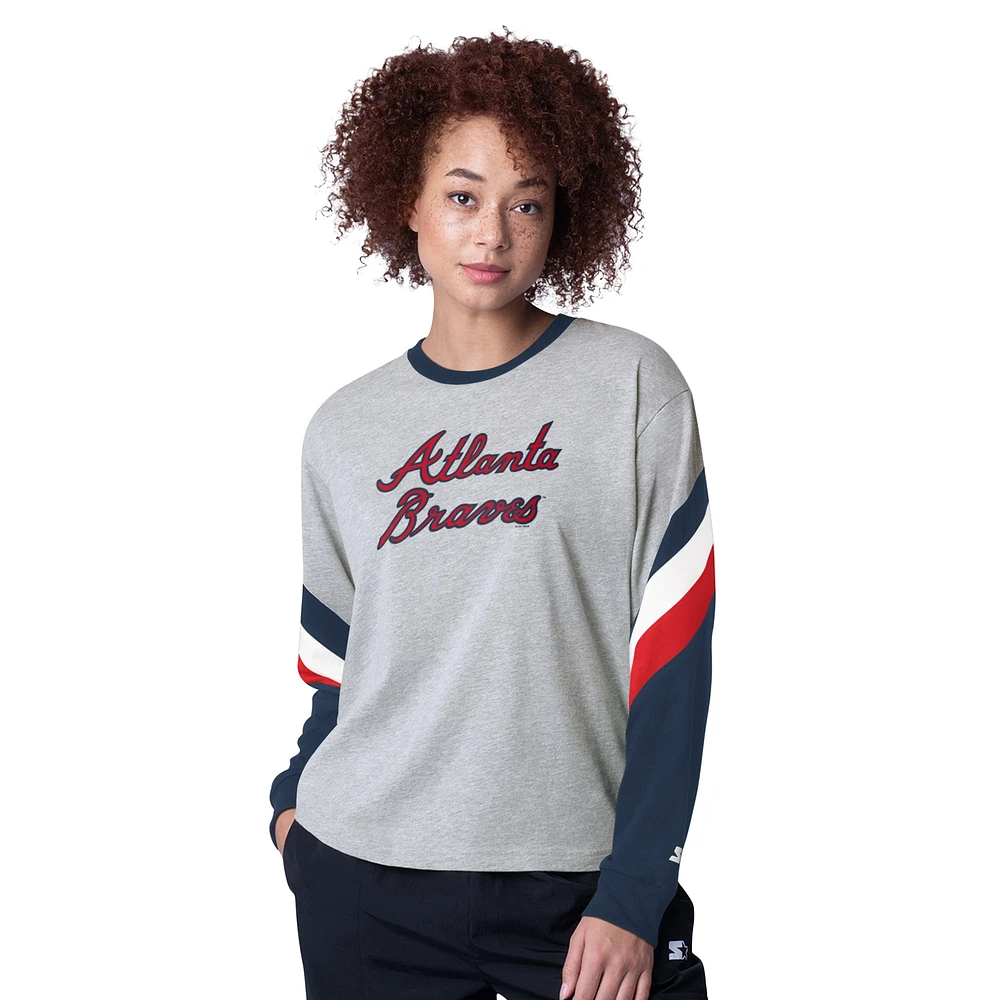 Women's Starter Heather Gray Atlanta Braves Triple A Fashion Color Block Long Sleeve Top