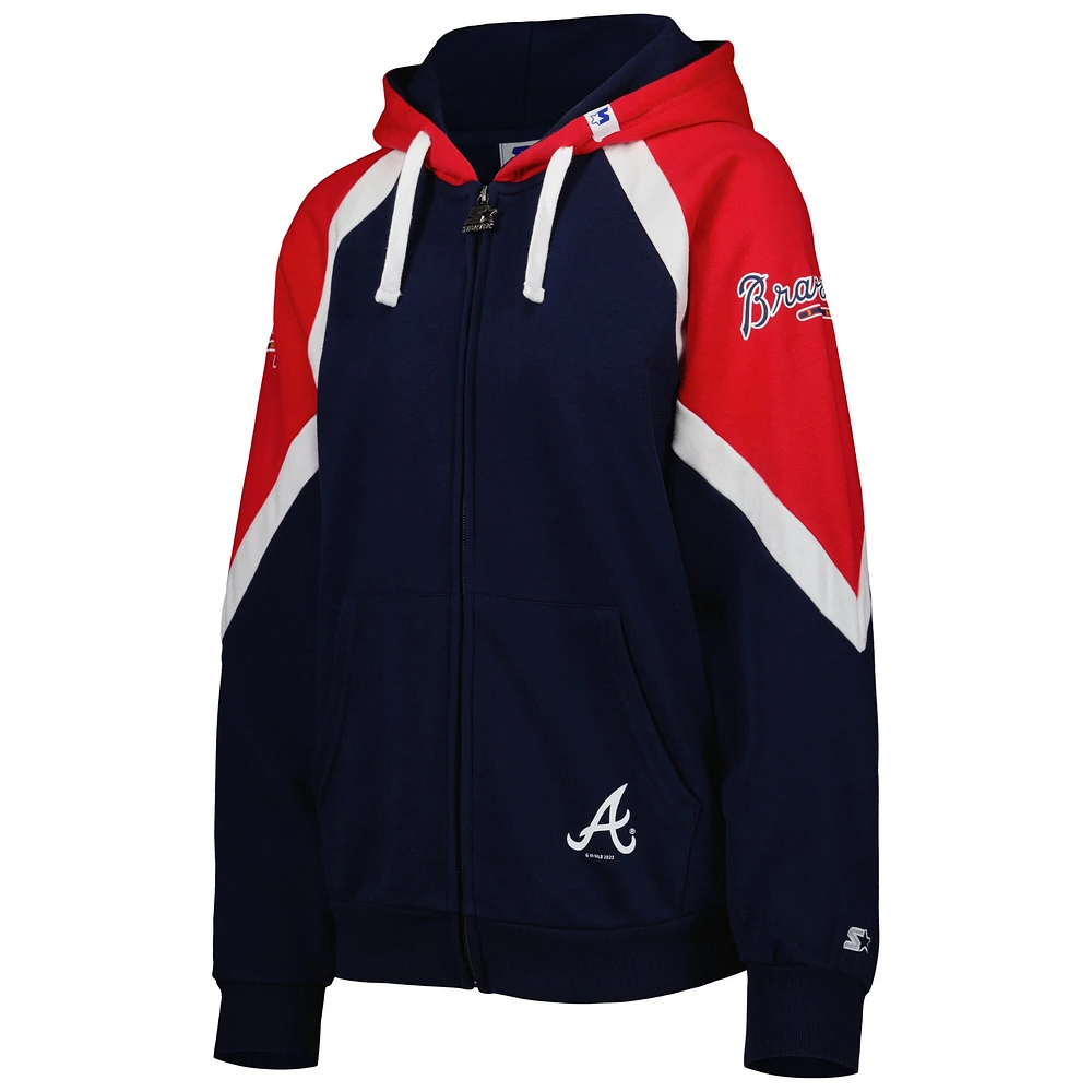 Sweat à capuche Starter bleu marine/rouge Atlanta Braves Hail Mary pour femme