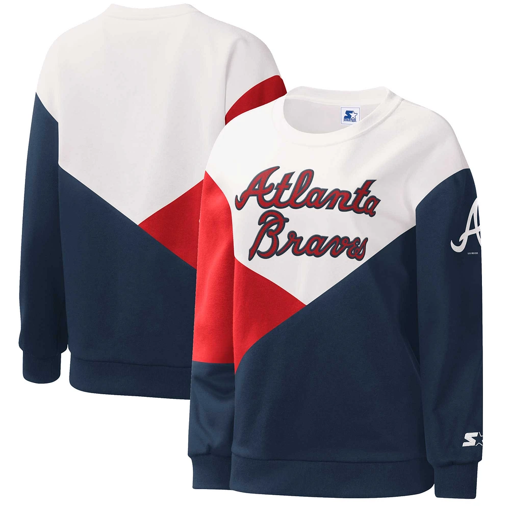 Women's Starter White/Navy Atlanta Braves Shutout Pullover Sweatshirt