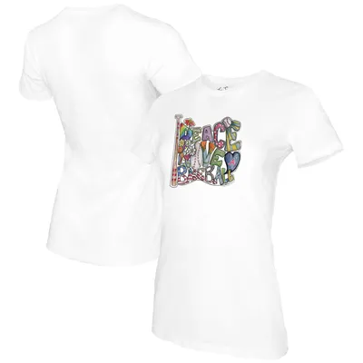 Women's Tiny Turnip White/Navy Atlanta Braves Peace Love Baseball 3/4-Sleeve Raglan T-Shirt