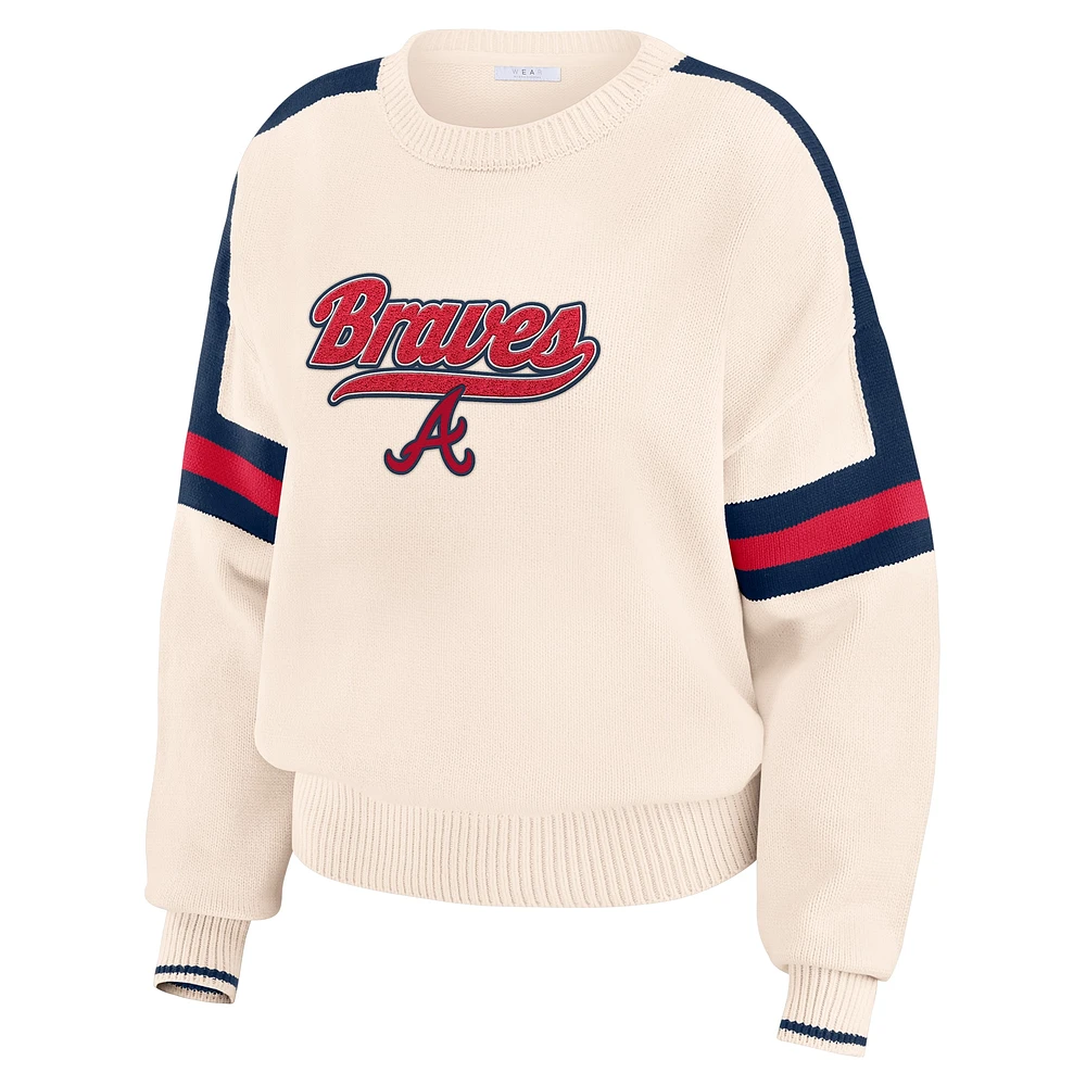 Women's WEAR by Erin Andrews  Cream Atlanta Braves Stripe Pullover Sweater