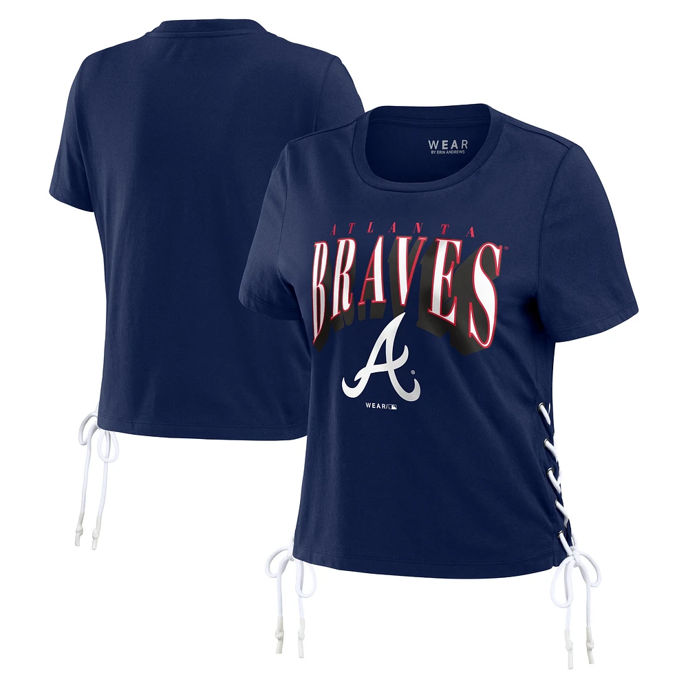 Women's WEAR by Erin Andrews Navy Atlanta Braves Side Lace-Up Cropped T-Shirt