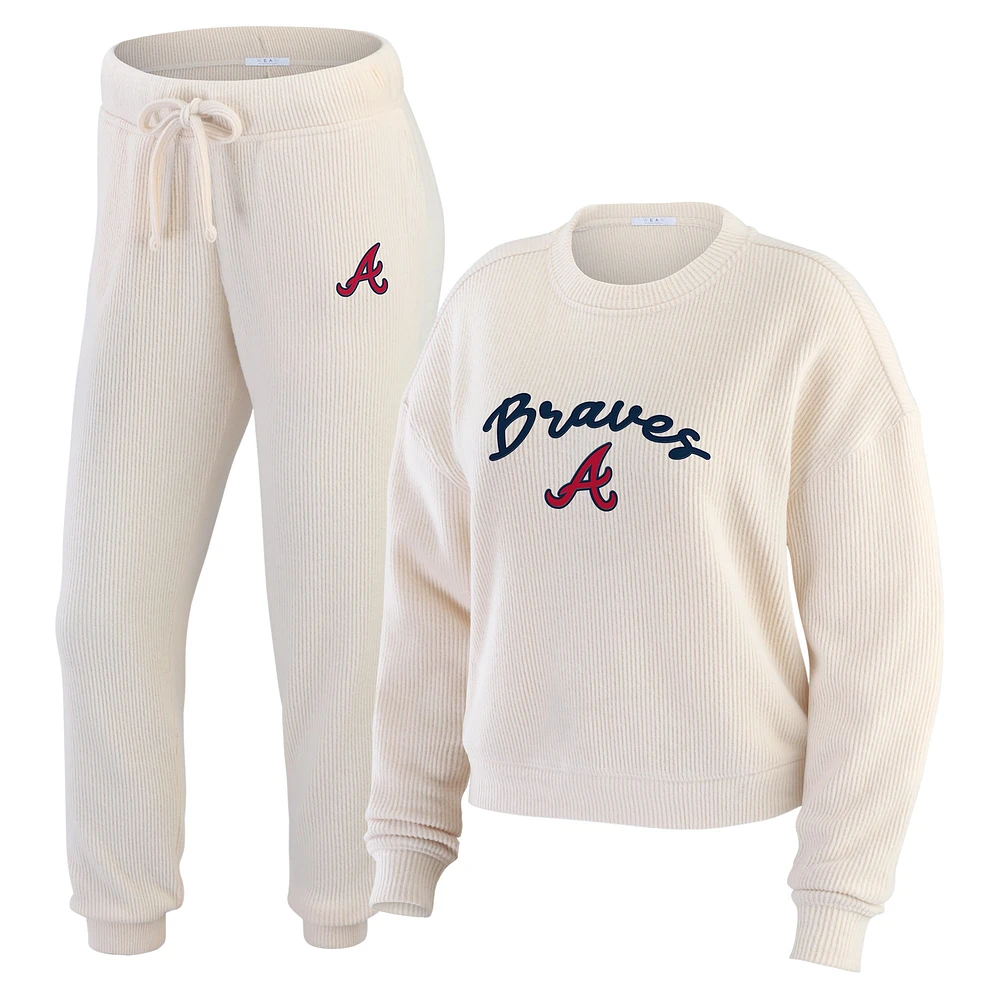 Ensemble de détente pour femme WEAR by Erin Andrews Oatmeal Atlanta Braves en tricot côtelé à manches longues et pantalon grande taille