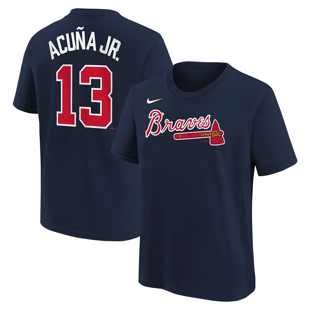 T-shirt Nike Ronald Acuña Jr. pour enfant, bleu marine, Atlanta Braves, domicile, nom et numéro du joueur