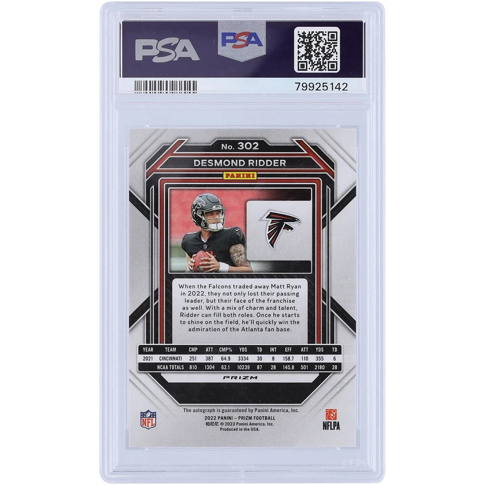 Desmond Ridder Atlanta Falcons Autographed 2022 Panini Prizm Silver Prizm #302 PSA Authenticated 9 Rookie Card