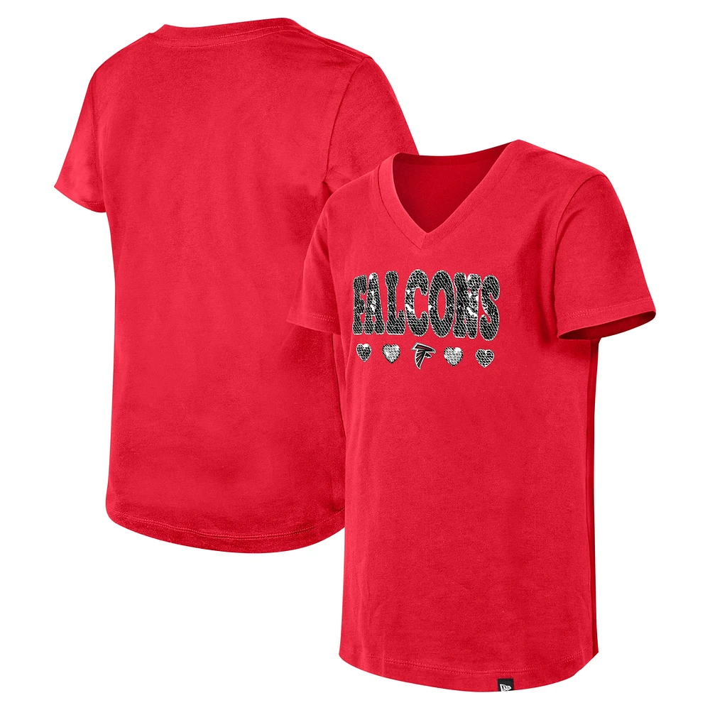 Girls Youth New Era Red Atlanta Falcons Flip Sequin V-Neck T-Shirt