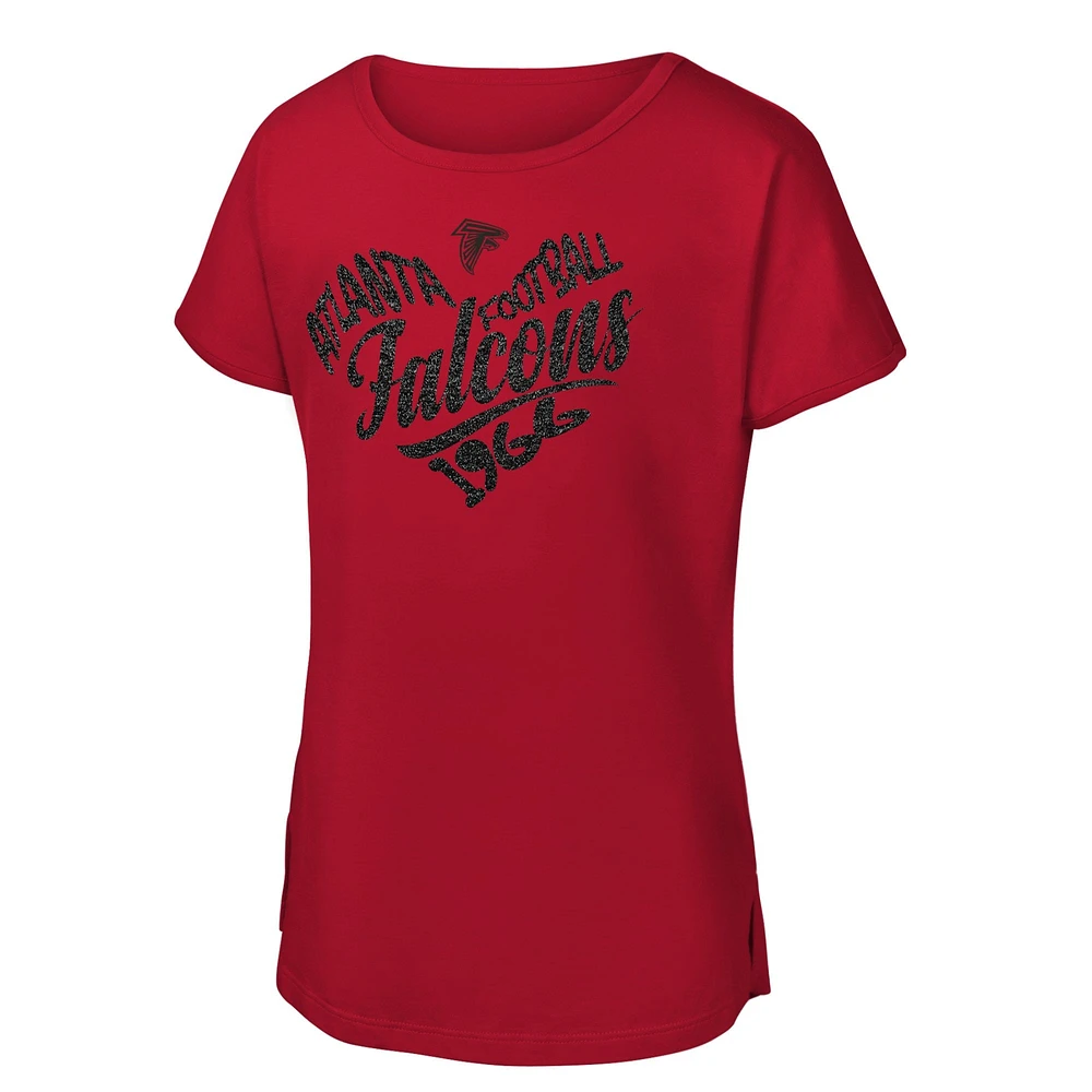 T-shirt rouge pour jeunes filles avec inscription « Atlanta Falcons » et motif cœur Dolman