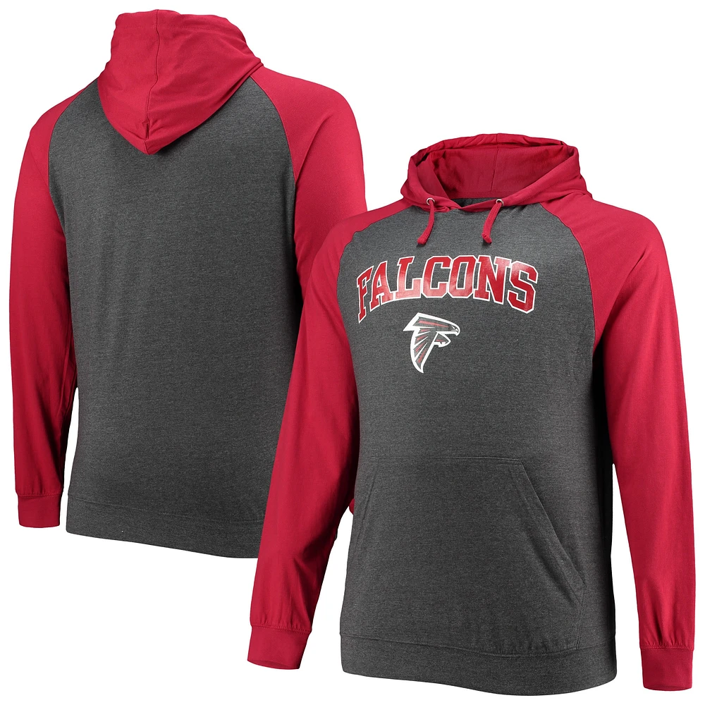 Sweat à capuche léger raglan pour hommes Fanatics rouge/anthracite chiné des Atlanta Falcons Big & Tall