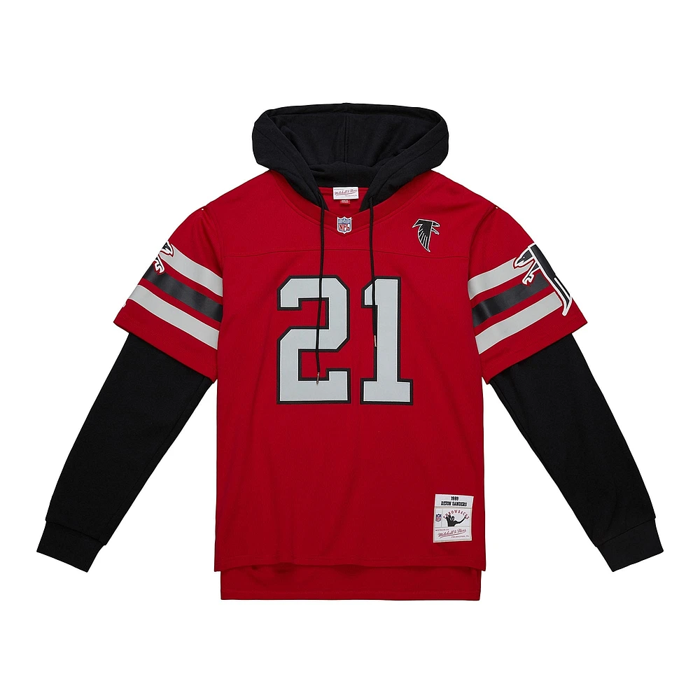 Sweat à capuche rouge pour homme Mitchell & Ness Deion Sanders avec nom et numéro de joueur des Falcons d'Atlanta Legacy Jersey