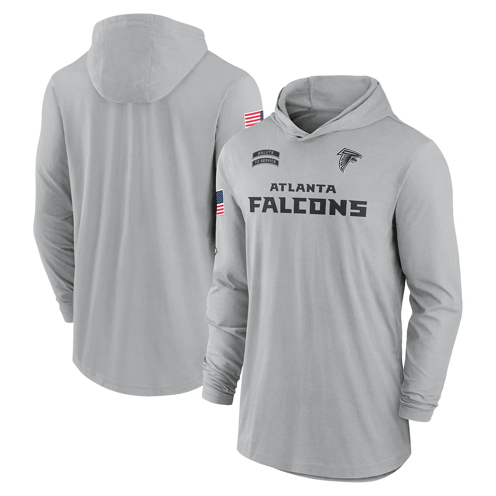 Men's Nike Gray Atlanta Falcons 2024 Salute to Service Lightweight Performance Long Sleeve Hooded T-Shirt