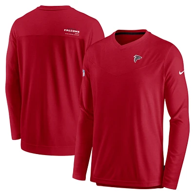 T-shirt de performance à manches longues et col en V pour homme Nike Atlanta Falcons Sideline Coach Chevron Lock Up rouge