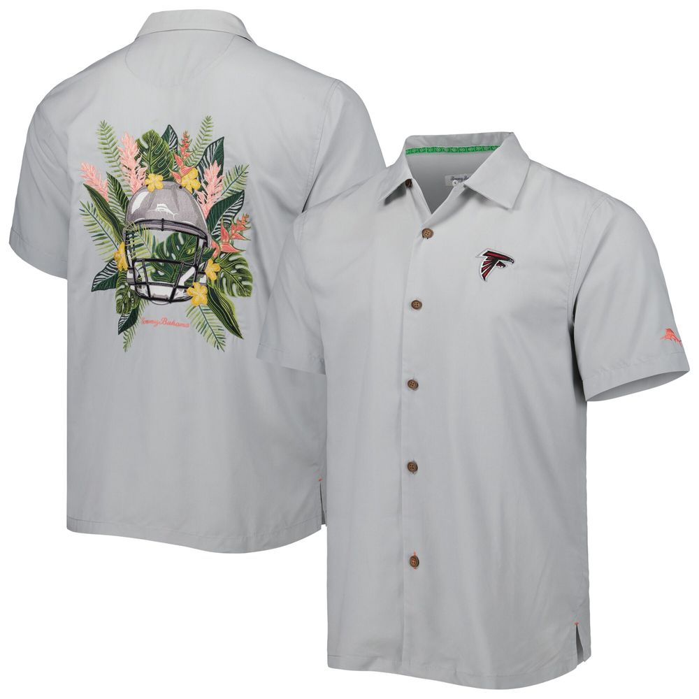 Men's Tommy Bahama Gray Atlanta Falcons Coconut Point Frondly Fan Camp IslandZone Button-Up Shirt