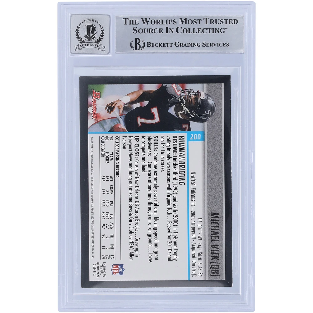 Michael Vick Atlanta Falcons Autographed 2001 Bowman #200 Beckett Fanatics Witnessed Authenticated 10 Rookie Card