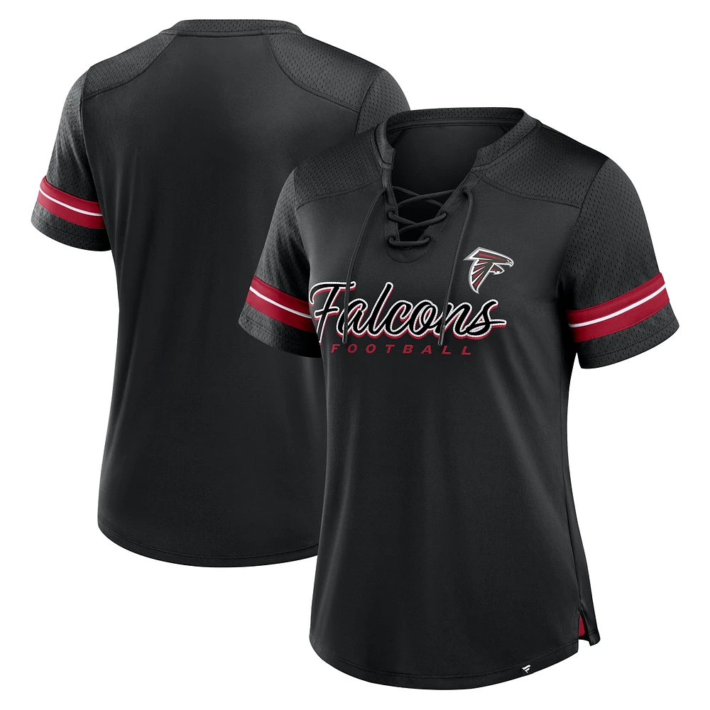 T-shirt à lacets noir Atlanta Falcons Play Script pour femme Fanatics