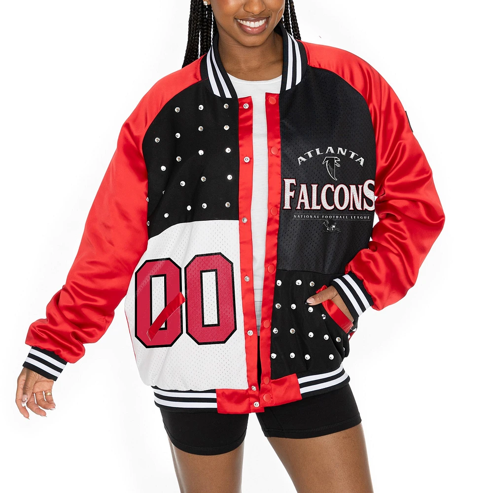 Veste bomber surdimensionnée rouge/noire Gameday Couture pour femme des Falcons d'Atlanta avec strass et boutons-pression