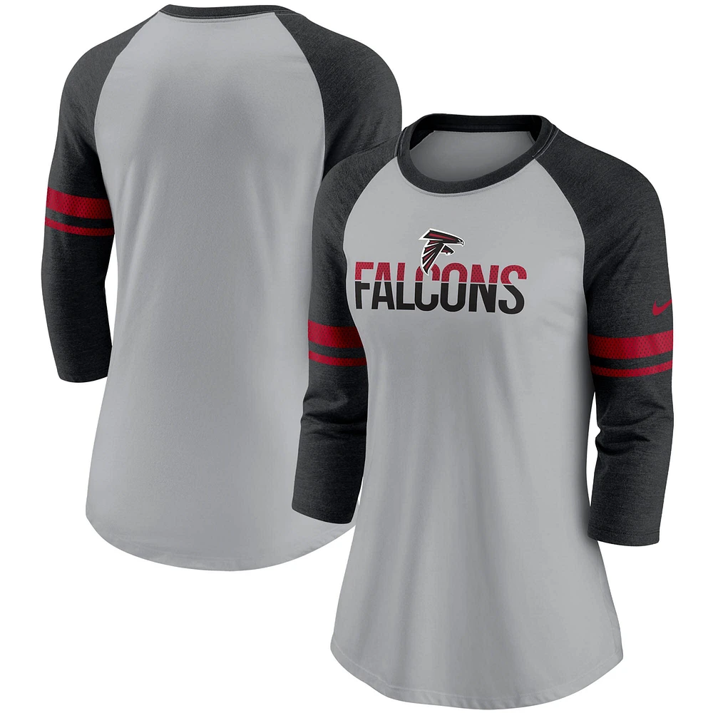 Women's Nike Heathered Gray/Black Atlanta Falcons Stripe Mesh Nickname Tri-Blend 3/4-Sleeve T-Shirt