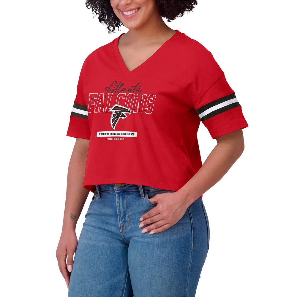 Women's WEAR by Erin Andrews Red Atlanta Falcons Color Block Boxy Modest Crop V-Neck T-Shirt