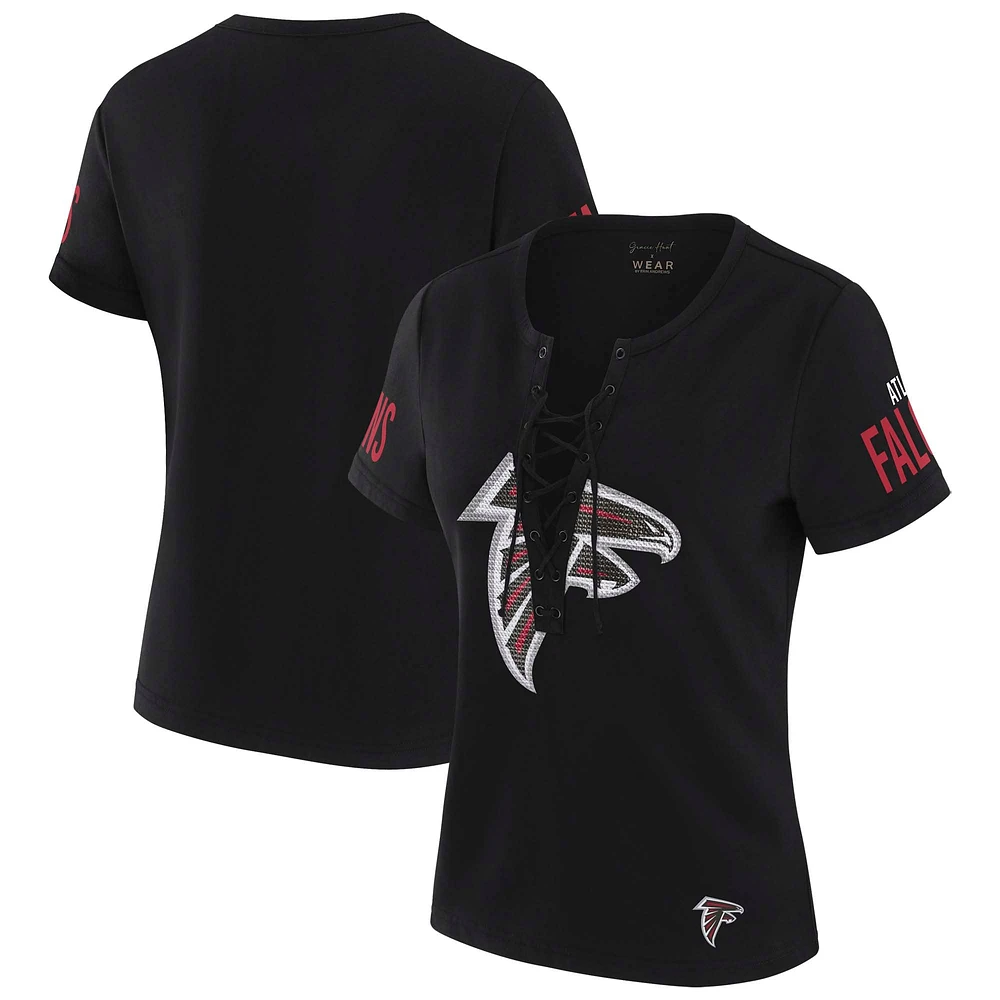 T-shirt à lacets noir Draft Me des Falcons d'Atlanta pour femme WEAR by Erin Andrews x Gracie Hunt