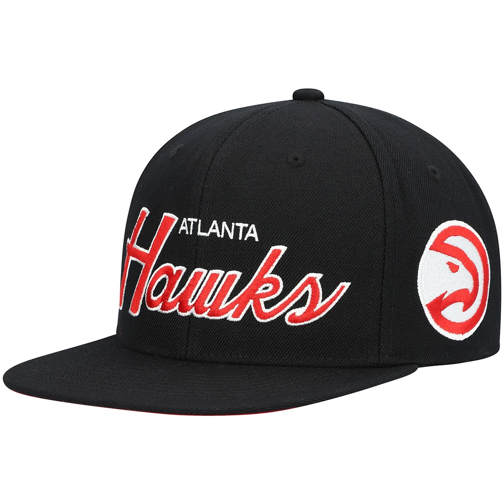 Men's Mitchell & Ness Black Atlanta Hawks Hardwood Classics Script 2.0 Snapback Hat