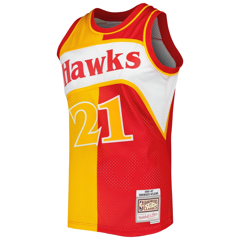 Men's Mitchell & Ness Dominique Wilkins Yellow/Red Atlanta Hawks Hardwood Classics 1986/87 Split Swingman Jersey