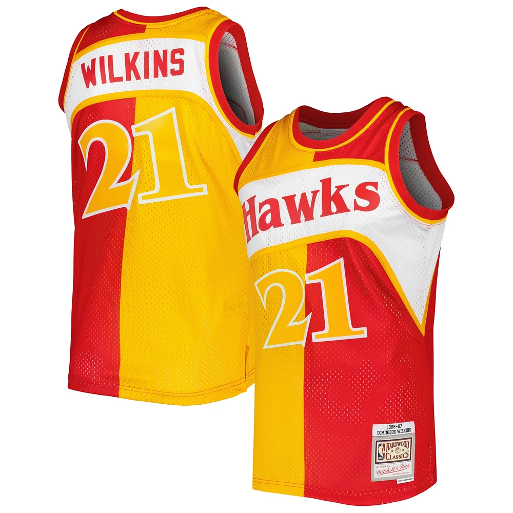 Men's Mitchell & Ness Dominique Wilkins Yellow/Red Atlanta Hawks Hardwood Classics 1986/87 Split Swingman Jersey