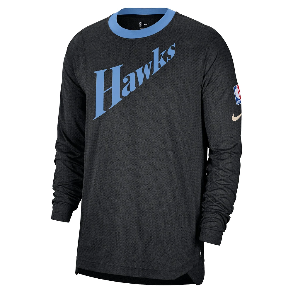 T-shirt de tir à manches longues Nike Atlanta Hawks City Edition 2024/25 pour homme, noir, authentique, performance d'avant-match