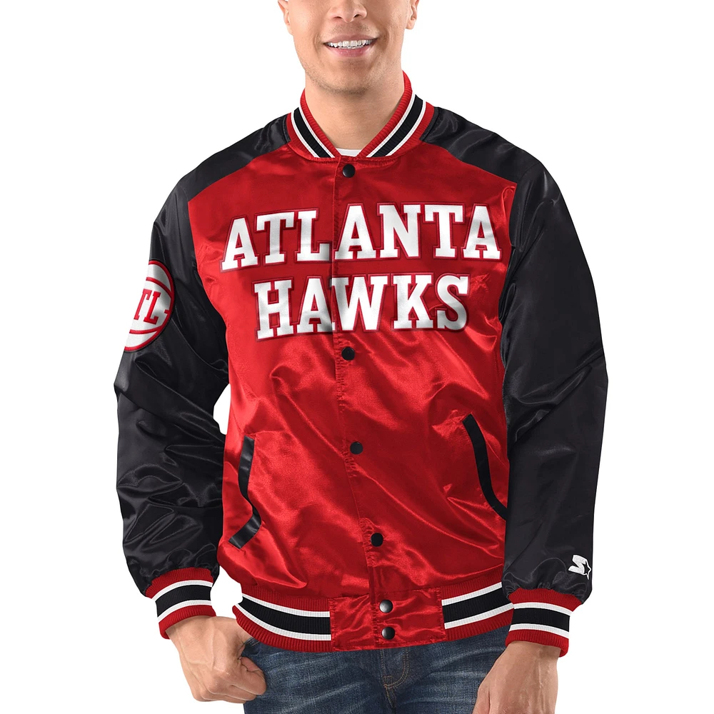 Veste universitaire à bouton-pression en satin Atlanta Hawks Renegade Starter rouge/noir pour hommes