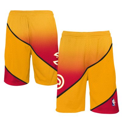 Youth Mitchell & Ness Gold/Red Atlanta Hawks 1986/87 Hardwood Classics Fadeaway Reload 3.0 Swingman Shorts