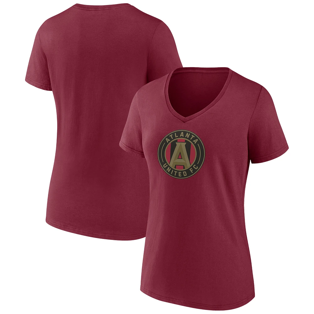 T-shirt rouge à col en V avec logo Atlanta United FC de marque Fanatics pour femmes