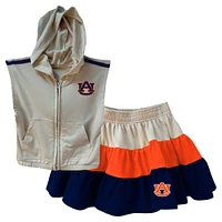 Girls Toddler Wes & Willy Tan Auburn Tigers Tri-Blend Sleeveless Full-Zip Hoodie Tiered Skirt Set