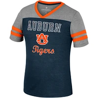 Girls Youth Colosseum Navy/Heather Gray Auburn Tigers Summer Striped V-Neck T-Shirt