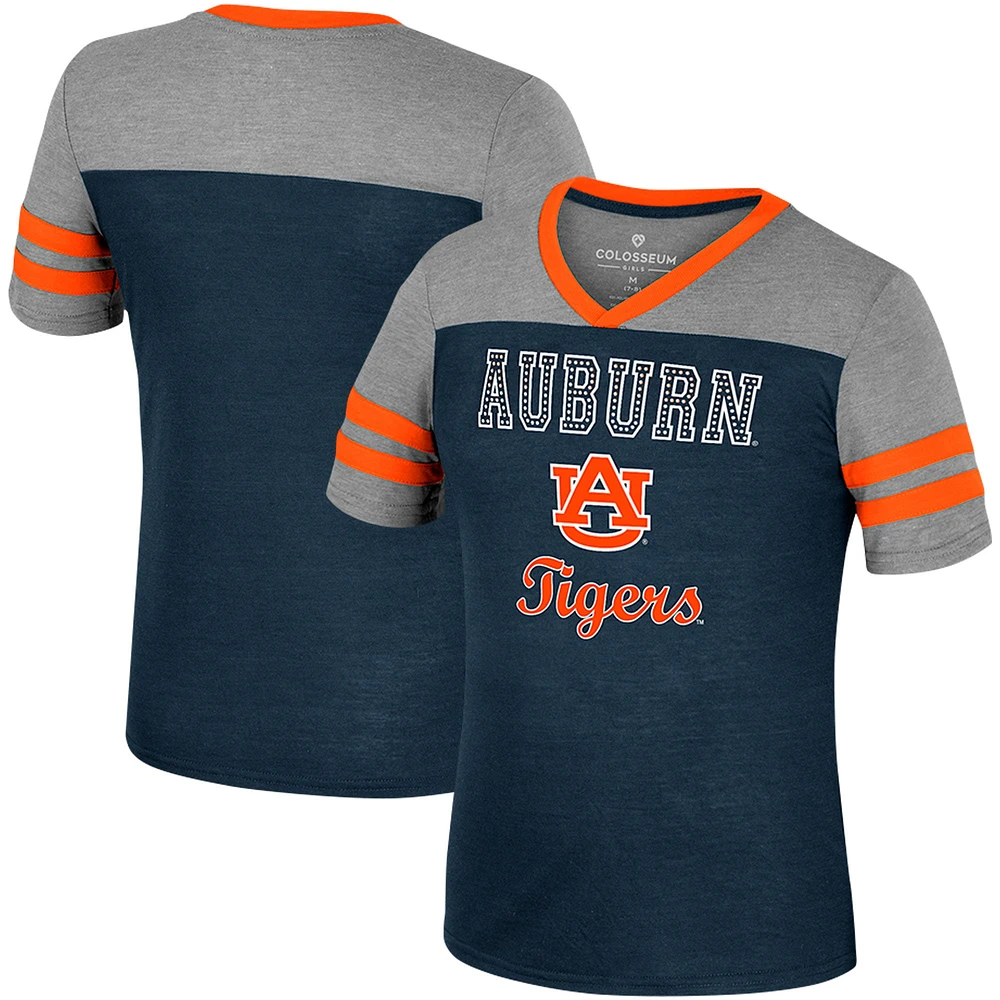 T-shirt d'été rayé à col en V pour filles Colosseum bleu marine/gris chiné Auburn Tigers