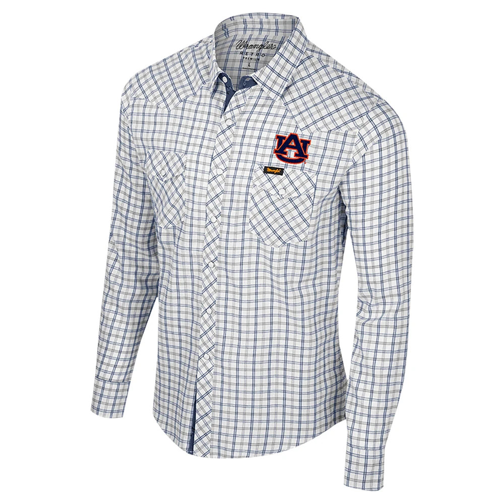 Men's Colosseum x Wrangler White Auburn Tigers Plaid Window Pane Long Sleeve Full-Snap Shirt